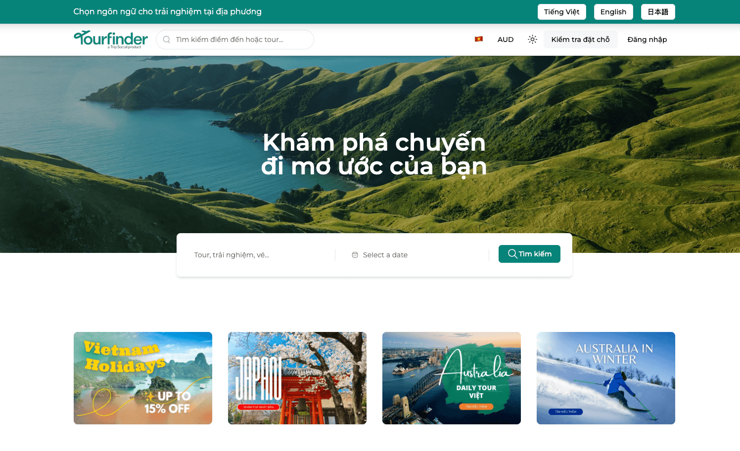 Tourfinder homepage localised in Vietnamese with Japan travel campaigns